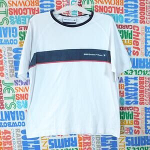 BMW Sauber F1 Team T Shirt Size L Horizontal Stripe White Blue